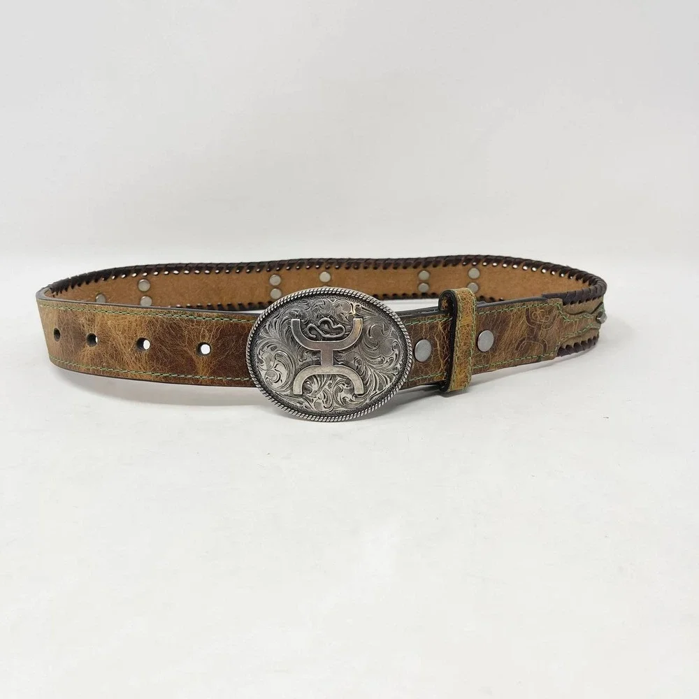 Hooey Western Belt Youth Boys 24 Brown Leather Silver Buckle Green Stitch Rodeo